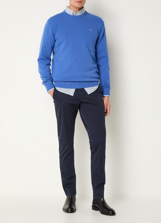 Gant Fijngebreide pullover van wol met logoborduring - voorkant 2 blauw