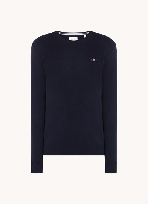 Gant Fijngebreide pullover van wol met logoborduring - voorkant 3 donkerblauw