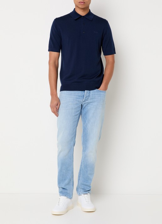 Gant Fijngebreide regular fit polo van merino wol met logoborduring - voorkant 3 donkerblauw