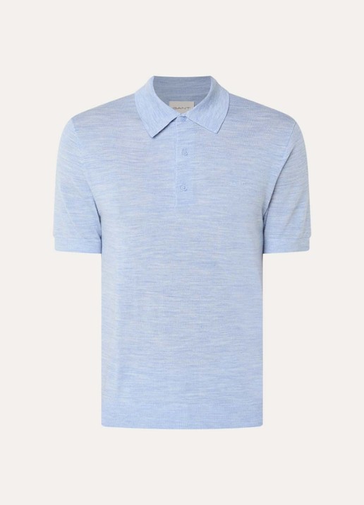 Gant Fijngebreide regular fit polo van merino wol met logoborduring - voorkant 2 lichtblauw