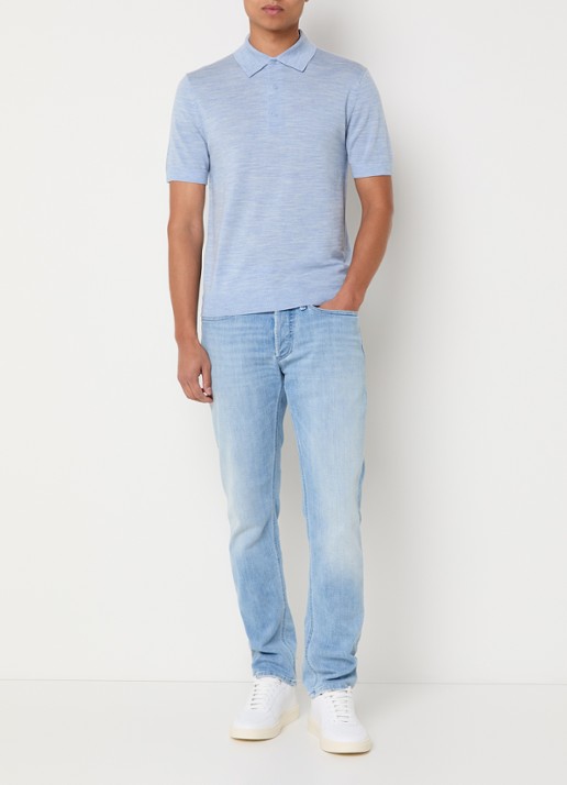 Gant Fijngebreide regular fit polo van merino wol met logoborduring - voorkant 3 lichtblauw