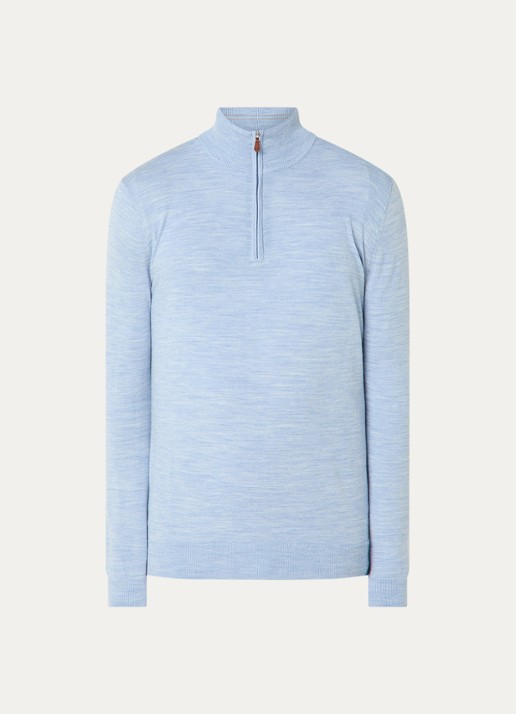 Gant Fijngebreide trui in merino wol met halve rits - voorkant 2 blauwgrijs