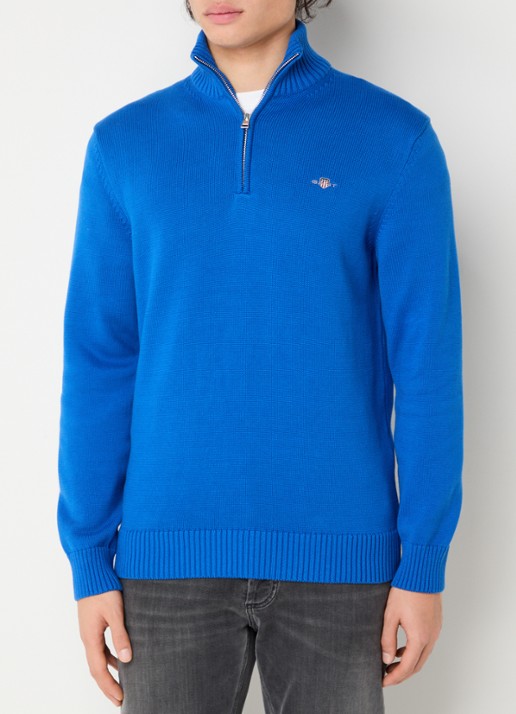 Gant Fijngebreide trui met halve rits en logo - detail 4 donkerblauw