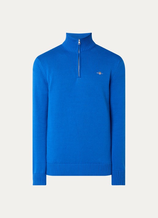 Gant Fijngebreide trui met halve rits en logo - voorkant 2 donkerblauw