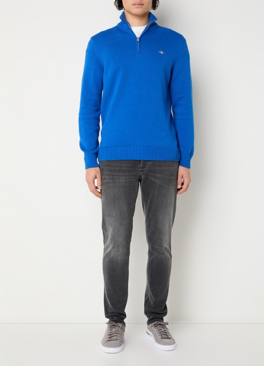 Gant Fijngebreide trui met halve rits en logo - voorkant 3 donkerblauw