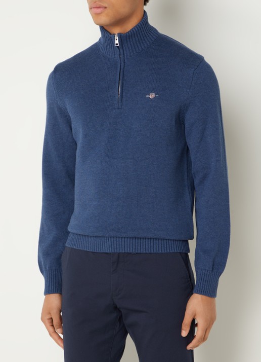 Gant Fijngebreide trui met halve rits en logo - detail 3 indigo