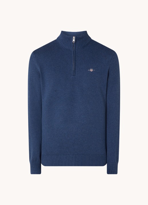Gant Fijngebreide trui met halve rits en logo - voorkant indigo