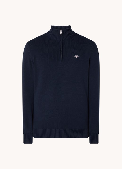 Gant Fijngebreide trui met halve rits en logo - voorkant 2 donkerblauw