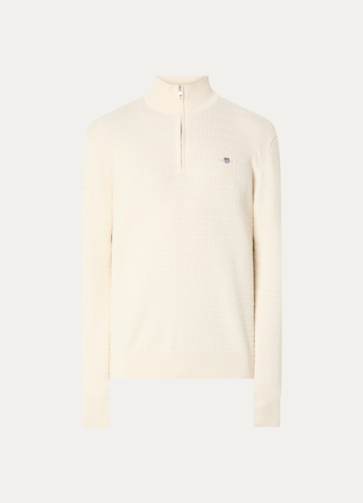 Gant Fijngebreide trui met halve rits en logoborduring - voorkant 2 creme