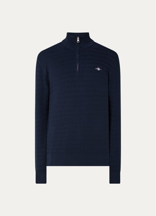 Gant Fijngebreide trui met halve rits en logoborduring - voorkant donkerblauw