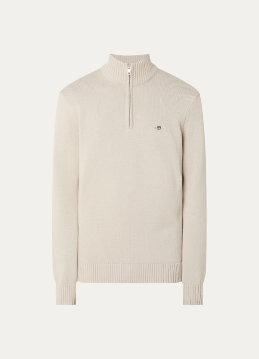 Gant Fijngebreide trui met halve rits en logoborduring - voorkant 2 creme