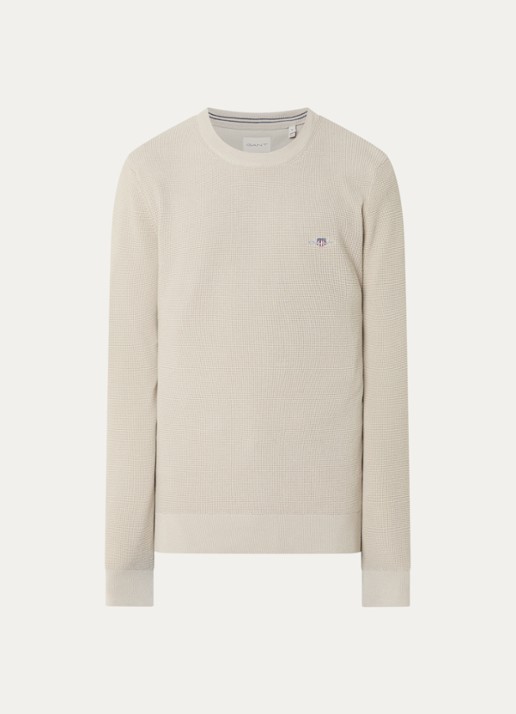 Gant Grofgebreide trui met logo - voorkant beige