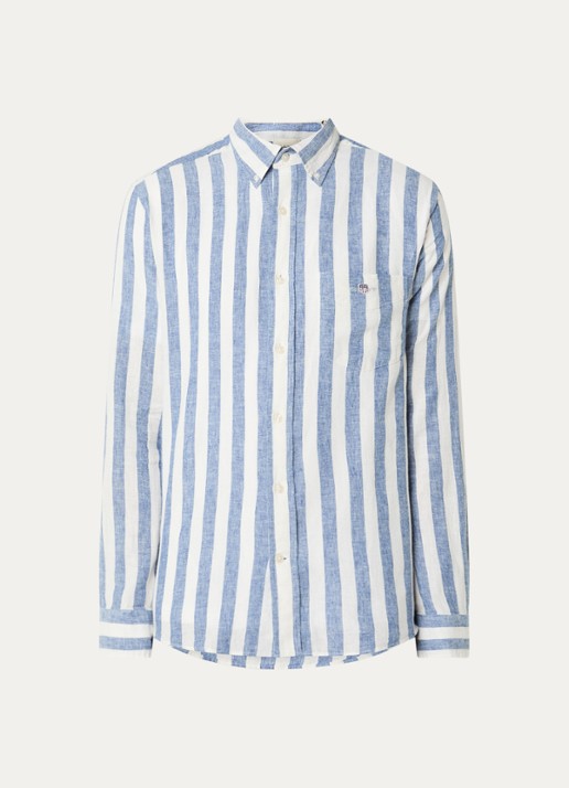 Gant Reg overhemd met streepprint en logo - voorkant 3 staalblauw