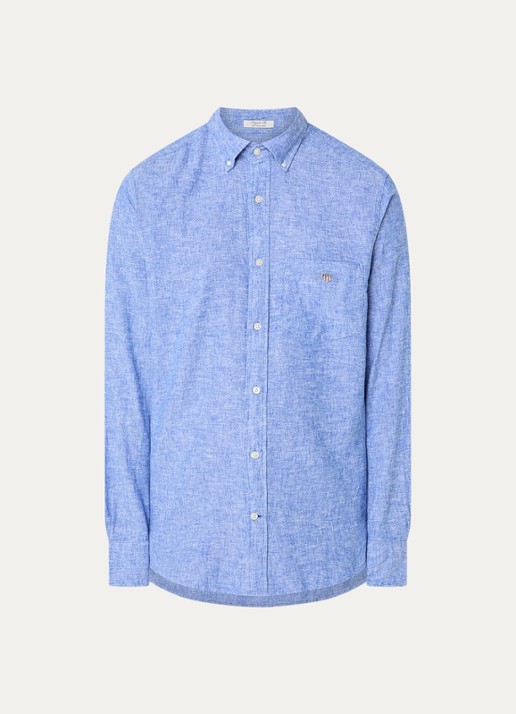 Gant Regular fit overhemd in linnenblend met logoborduring - voorkant blauw
