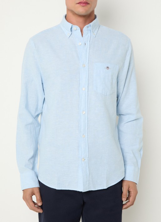 Gant Regular fit overhemd in linnenblend met logoborduring - detail 2 lichtblauw