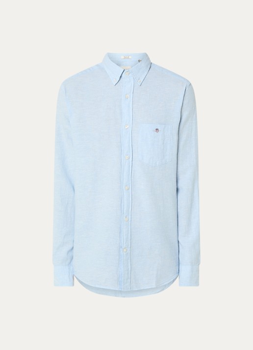Gant Regular fit overhemd in linnenblend met logoborduring - voorkant 3 lichtblauw