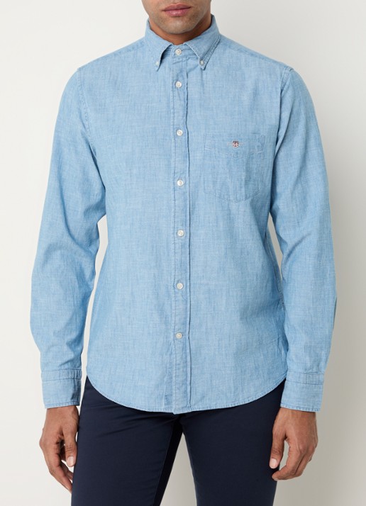 Gant Regular fit overhemd van chambray met borstzak - detail 4 lichtblauw