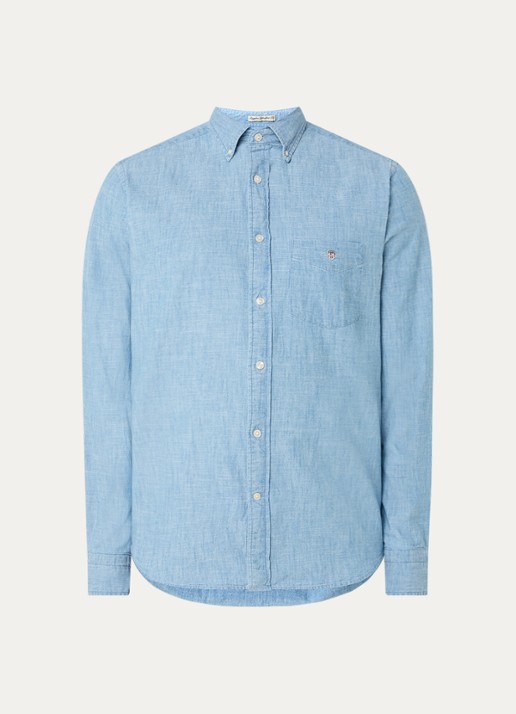 Gant Regular fit overhemd van chambray met borstzak - voorkant 2 lichtblauw