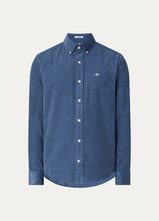 Gant Regular fit overhemd van corduroy met logoborduring - voorkant 3 staalblauw