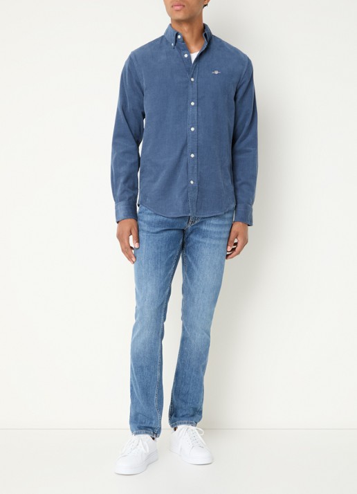 Gant Regular fit overhemd van corduroy met logoborduring - voorkant 4 staalblauw