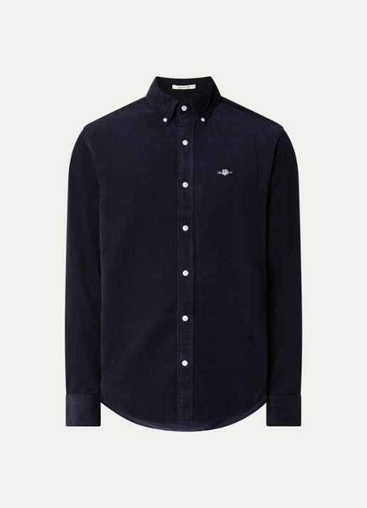 Gant Regular fit overhemd van corduroy met logoborduring - voorkant donkerblauw