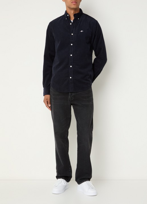 Gant Regular fit overhemd van corduroy met logoborduring - voorkant 2 donkerblauw