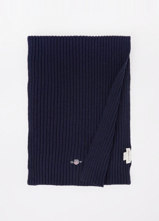 Gant Ribgebreide sjaal in katoenblend met logo 200 x 30 cm  - voorkant 3 donkerblauw