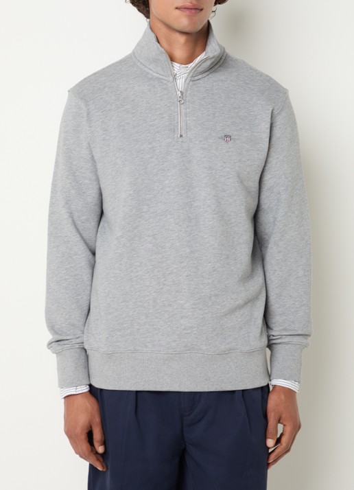 Gant Shield sweater met halve rits en logo - detail 2 middengrijs