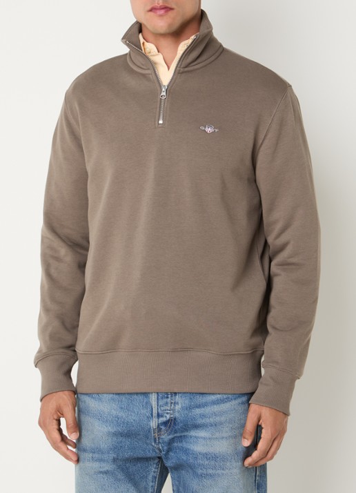 Gant Shield sweater met halve rits en logo - detail 4 bruin