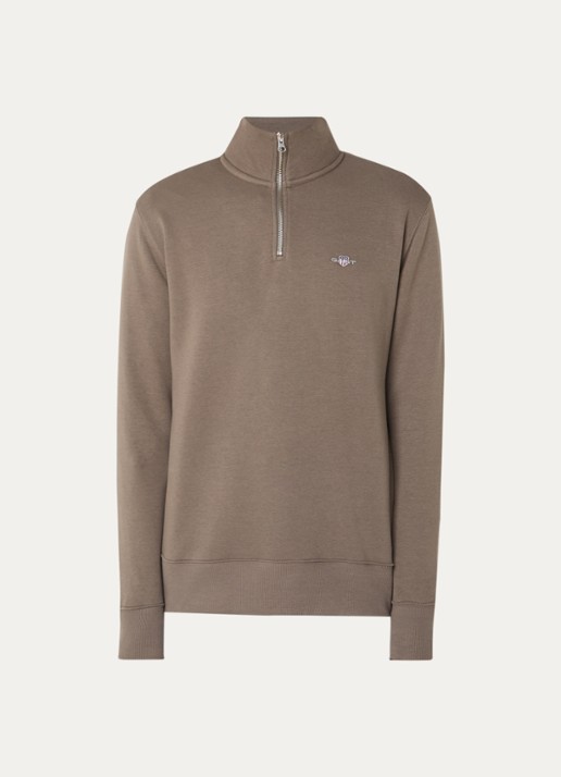 Gant Shield sweater met halve rits en logo - voorkant 2 bruin