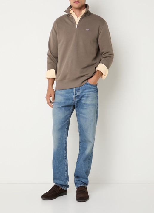 Gant Shield sweater met halve rits en logo - voorkant 3 bruin