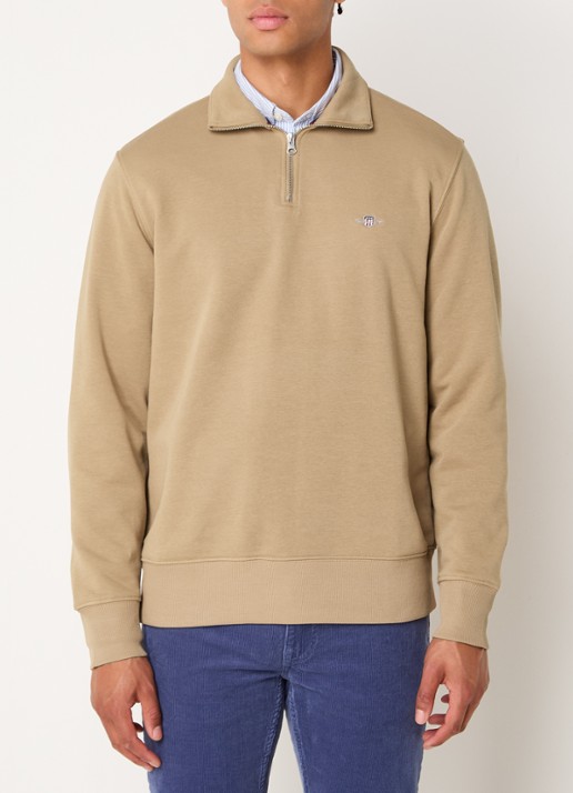 Gant Sweater met halve rits en logoborduring - detail camel