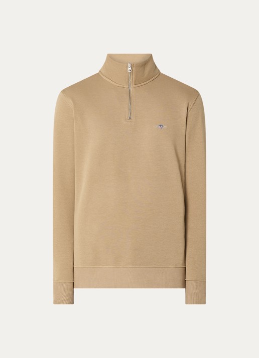 Gant Sweater met halve rits en logoborduring - voorkant 2 camel