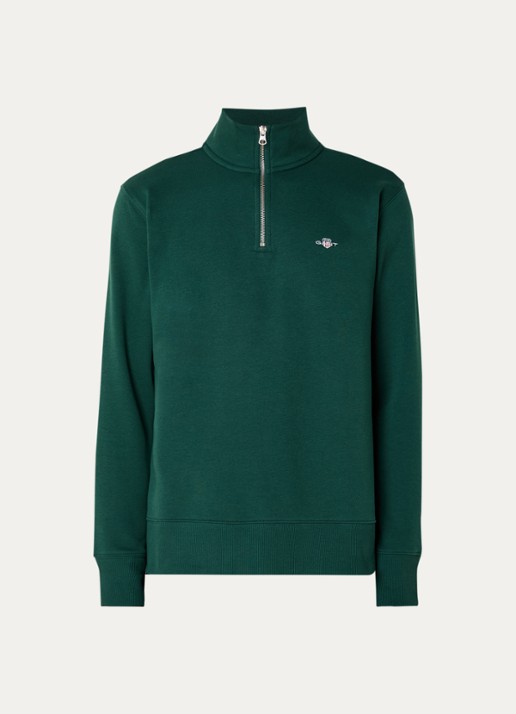 Gant Sweater met halve rits en logoborduring - voorkant legergroen