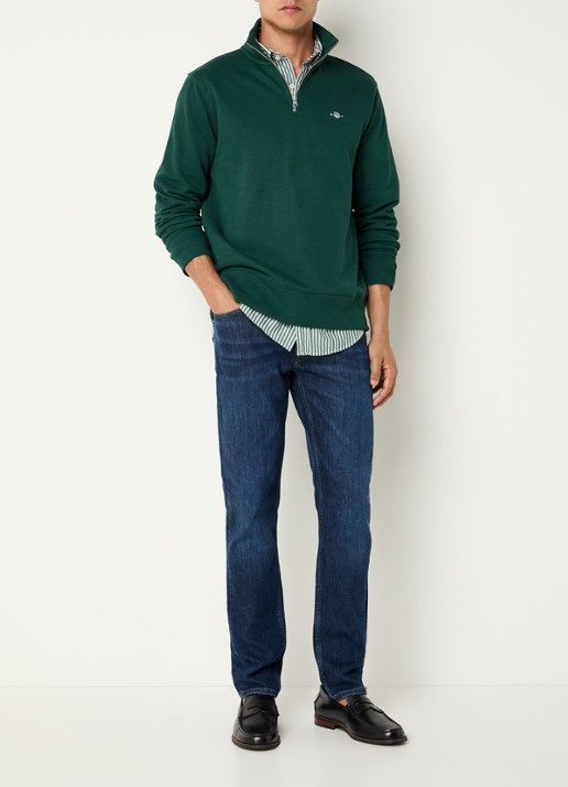 Gant Sweater met halve rits en logoborduring - voorkant 2 legergroen