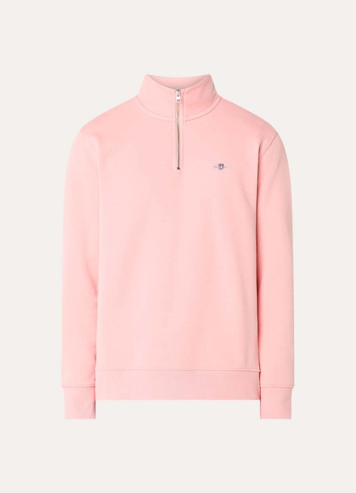 Gant Sweater met logo en halve rits - voorkant 2 roze