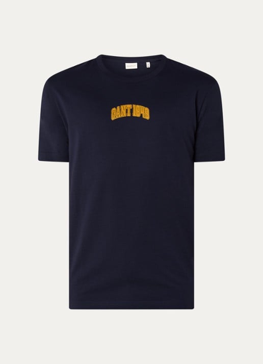 Gant T-shirt met flock logoprint - voorkant donkerblauw