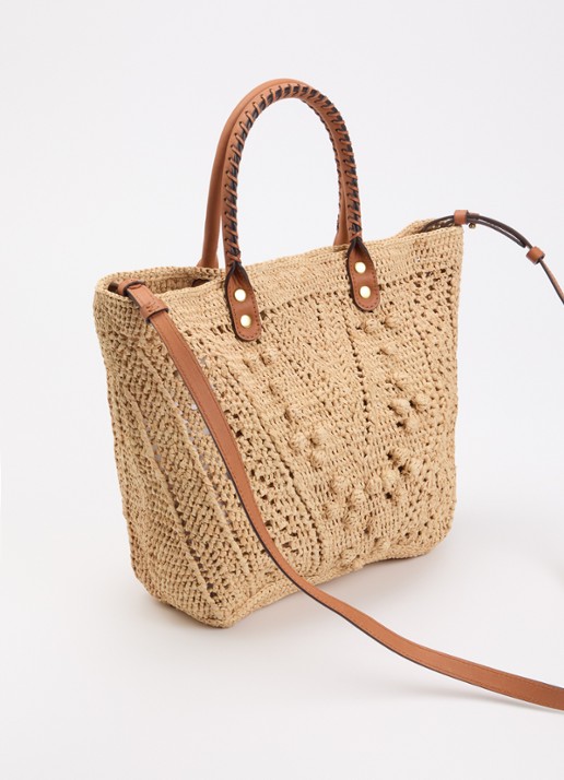 Gerard Darel 18H schoudertas van raffia met leren details - achterkant zand