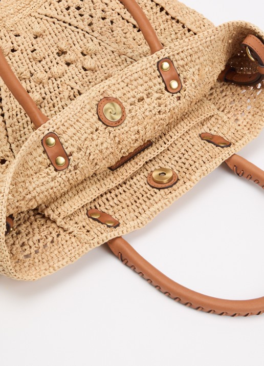 Gerard Darel 18H schoudertas van raffia met leren details - detail 2 zand
