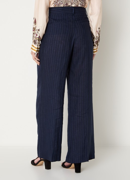 Gerard Darel Ayla high waist wide fit pantalon van linnen met krijtstreep - achterkant donkerblauw