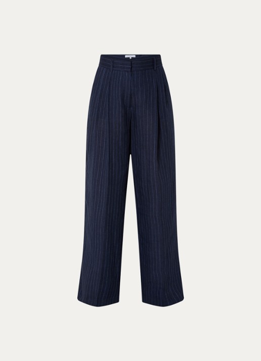 Gerard Darel Ayla high waist wide fit pantalon van linnen met krijtstreep - voorkant 2 donkerblauw