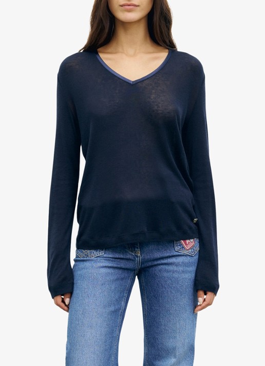 Gerard Darel Belen longsleeve in wolblend met V-hals - detail 2 donkerblauw