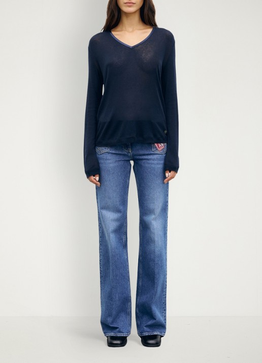 Gerard Darel Belen longsleeve in wolblend met V-hals - voorkant 4 donkerblauw