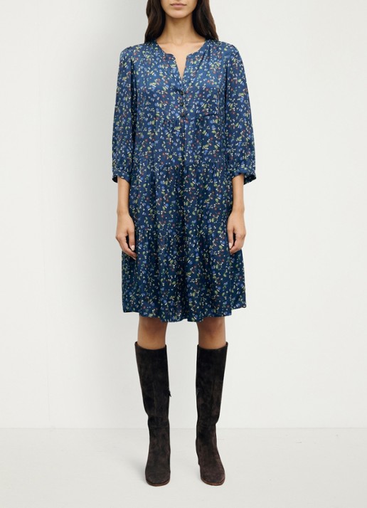 Gerard Darel Caly midi jurk met bloemenprint - voorkant 2 donkerblauw