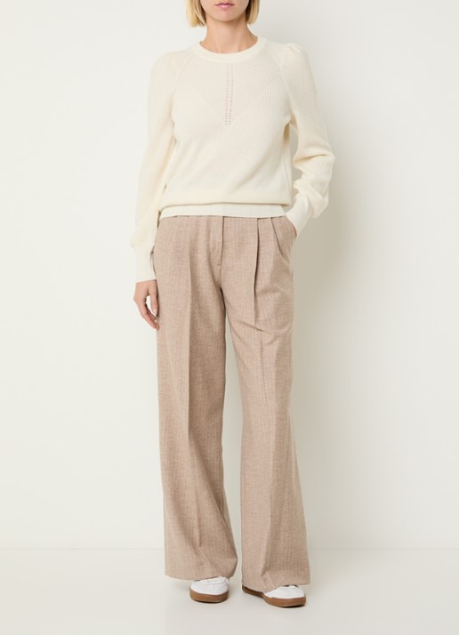 Gerard Darel Coline high waist straight fit pantalon in wolblend met krijtstreep - voorkant 2 donkerbeige