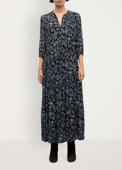 Gerard Darel Corie maxi jurk van zijde met bloemenprint - voorkant 2 zwart