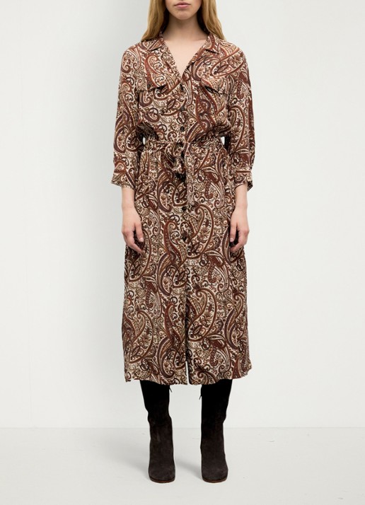 Gerard Darel Cyra midi blousejurk met paisley dessin - voorkant 2 bruin
