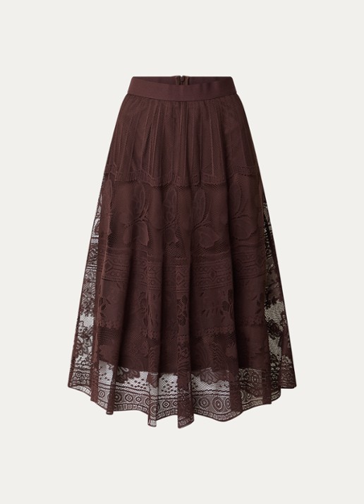 Gerard Darel Jany midi rok met bloemenprint van kant - voorkant donkerbruin