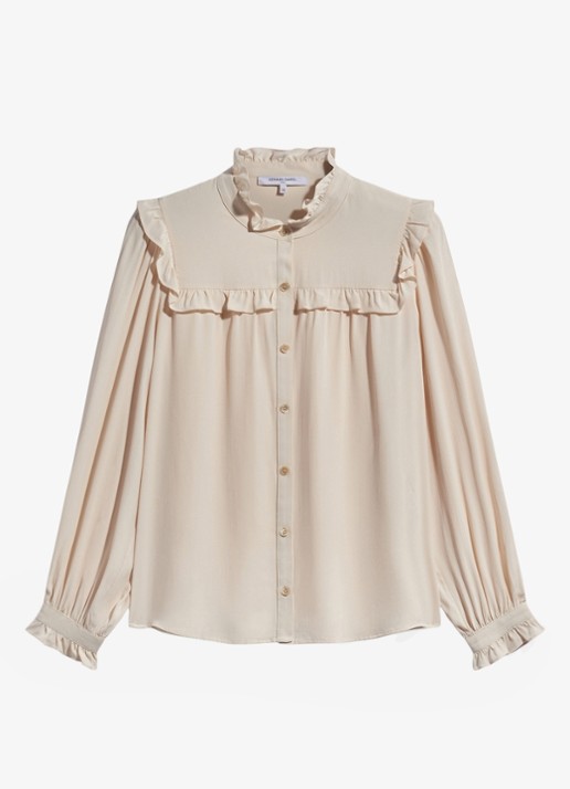 Gerard Darel Leia blouse in zijdeblend met ruches - voorkant beige