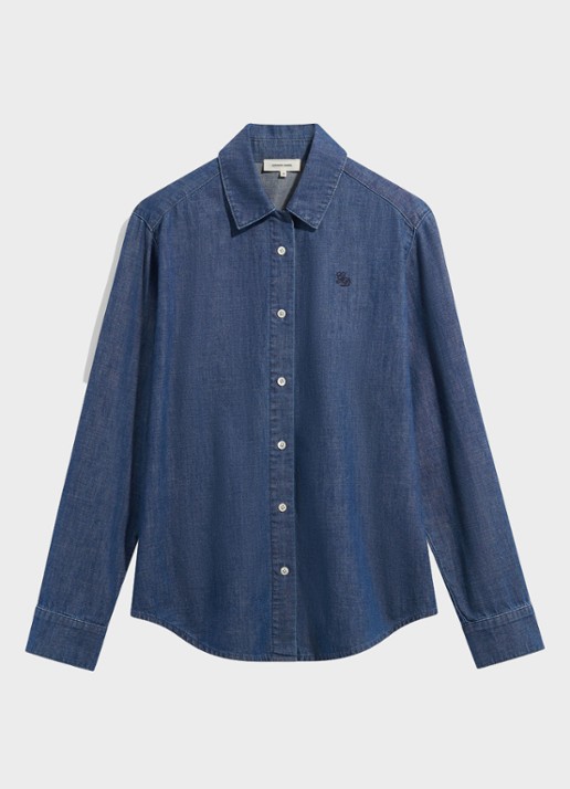 Gerard Darel Lucy blouse van denim met logoborduring - voorkant donkerblauw
